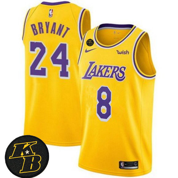 Men's Los Angeles Lakers Front #8 Back #24 Kobe Bryant Yellow With KB Patch Stitched Jersey